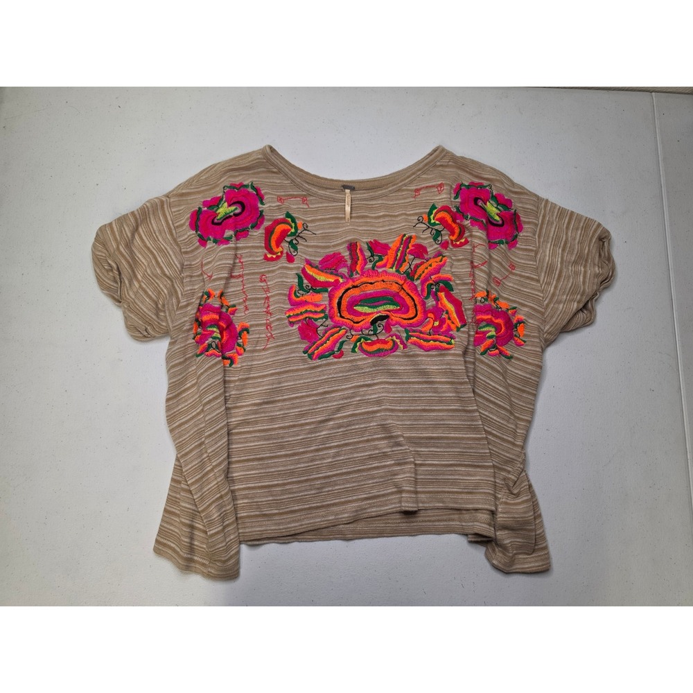 Free People Women Tan Striped Embroidered Floral Boho Boxy Knit Top Size S